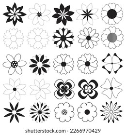 Flowers icon set. Outline and filled color flowers isolated on transparent white background