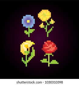 Flowers icon set. Pixel art. Old school computer graphic style. 8 bit video game. game element.