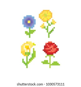 Flowers icon set. Pixel art. Old school computer graphic style. 8 bit video game. game element.