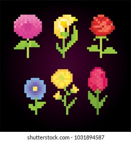 Flowers icon set. Pixel art. Old school computer graphic style. 8 bit video game. game element.