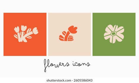 Flowers icon set. Stylish colorful flowers in Scandinavian or paper-cut style. Modern Vector illustration for branding, packaging, web, and print. Isolated design elements