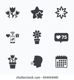 Flowers icons. Bouquet of roses symbol. Flower with petals and leaves in a pot. Flat talking head, calendar icons. Stars, like counter icons. Vector