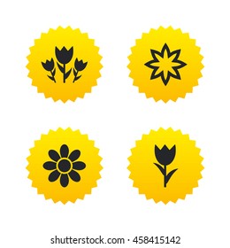 Flowers icons. Bouquet of roses symbol. Flower with petals and leaves. Yellow stars labels with flat icons. Vector