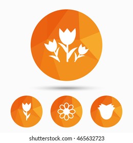 Flowers icons. Bouquet of roses symbol. Flower with petals and leaves. Triangular low poly buttons with shadow. Vector