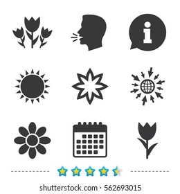 Flowers icons. Bouquet of roses symbol. Flower with petals and leaves. Information, go to web and calendar icons. Sun and loud speak symbol. Vector