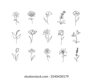 Flowers icons set rose, tulip, bell, camellia, daffodil, daisy, calla, lavender, lily, peony, poppy, wallflower drawing in round linear style with black on white background