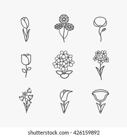 Iconos de flores. Paneles de líneas negras delgadas de flor vectorial sobre fondo blanco