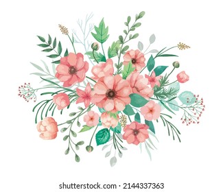 Flowers illlustration for wedding invitation with coral anemones, buds and green leaves. Flowers big bouquet arrangement with white background, decorative design element.