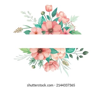 Flowers illlustration for wedding invitation with coral anemones, buds and green leaves. Flowers frame arrangement, decorative design element.