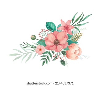 Flowers illlustration for wedding invitation with coral anemones, buds and green herbs. Flowers arrangement with white background, decorative design element.