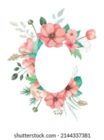Flowers illlustration for wedding invitation with coral anemones, buds and green leaves. Flowers frame arrangement with white background, decorative design element.