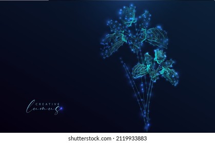 Flowers illuminated with stars and lines. Iris flower, neon effect, starry in the universe. Nature model: futuristic, big data, ai, contemporary technology.
