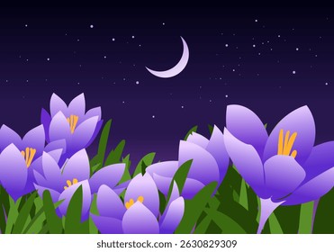 Flowers illustration with starry night and crescent moon