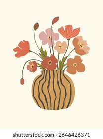 Flowers illustrtaion with poppy flowers in  vase with black lines. Vector illustration.	
