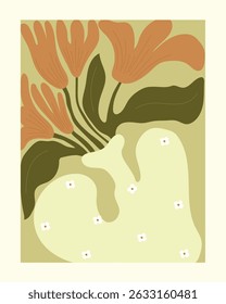 Flowers illustrtaion with tulips in cute yellow vase with small white flowers. Vector illustration.