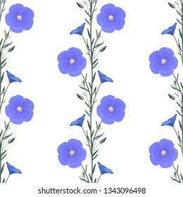 Flowers and inflorescences of flax with stem and leaves in the form of vertical stripes, seamless texture, vector