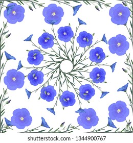 Flowers and inflorescences of flax with a stem and leaves in the form of a square pattern and a circular ornament on a white background, seamless pattern, vector.