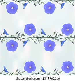 The flowers and inflorescences of flax from the stem and leaves in the form of a horizontal pattern on light blue abstract background, seamless pattern, vector