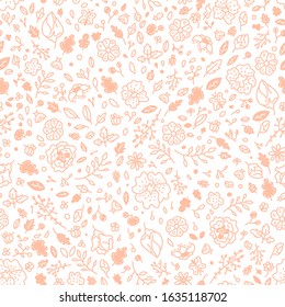 Flowers & insect doodle illustration. Spring concept with hand drawn outline abstract floral elements. Vector seamless pattern on white background. You can change the color for your design.