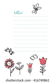 Flowers and insects black and white line illustration. Notebook page graphic  doodle elements. stock vector.