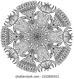 flowers and insects decorated with ornaments drawn in folk style on a white background for coloring, vector mandala