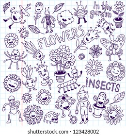 Flowers and insects. Doodle set. School Notebook.