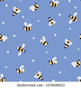 Flowers insects pattern seamless Fabric design with simple floral flying bee on blue background. Cute hand drawn summer template Repeated textile design cloth wallpaper wrap paper. Vector illustration