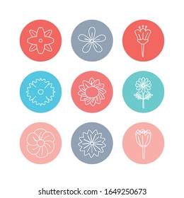 Flores dentro de círculos estilo bloque de línea diseño conjunto de iconos, floral naturaleza ornamentación de jardín adorno de jardín y tema botánico Ilustración vectorial