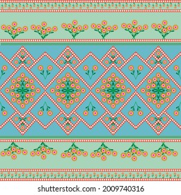 Flowers inside the frame on a blue background For knitting, weaving, fabric work, decoration.