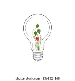 Flowers inside lamp. Line hand drawn vector postcard.