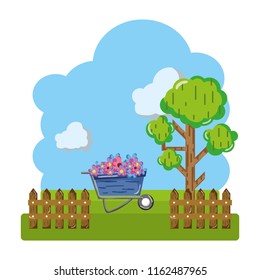 flowers inside wheelbarrow with trees and grillage farm