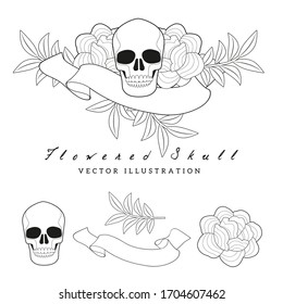 Flowers inspired by the embroidery of the oriental shawls, skull and blank banner for text
