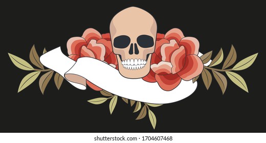 Flowers inspired by the embroidery of the oriental shawls, skull and blank banner for text