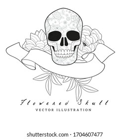 Flowers inspired by the embroidery of the oriental shawls, skull and blank banner for text