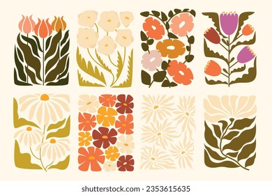 Flowers interior painting. Floral bouquet in vase, colorful natural botanical decoration for home interior design, spring floral wallpaper. Vector cartoon set. Plant blossom drawing, chamomile, tulips