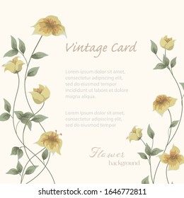 Flowers invitation card  frame template on vintage background. Yellow floral nature greeting card can be used for wedding, birthday, holiday, flyers, brochure or other background. Vector illustration.
