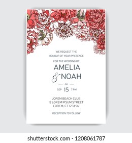Flowers invitation. Hand drawn sketch wedding illustration peony flowers. Vector card Save the date.
