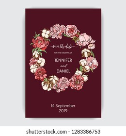 Flowers invitation. Hand drawn sketch wedding illustration cotton and peony flowers. Vector card Save the date.