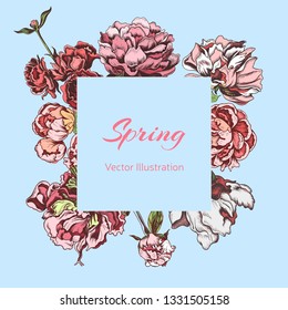 Flowers invitation. Hand drawn sketch wedding illustration peony flowers. Vector card Save the date. Greeting card from Easter.