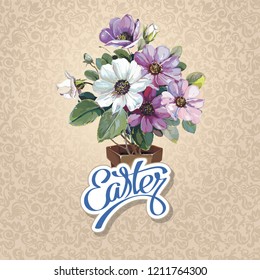 Flowers invitation template card. Bouquet of wildflower aster in a watercolor style. Vector garden cosmos bipinnatus. Realistic illustration. Floral congratulation design