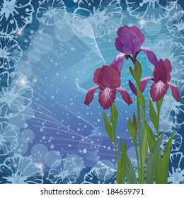 Flowers iris on abstract floral background, picture for holiday design. Vector eps10, contains transparencies