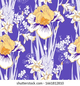 Flowers irises, daffodils and primroses in a spring purple seamless pattern.