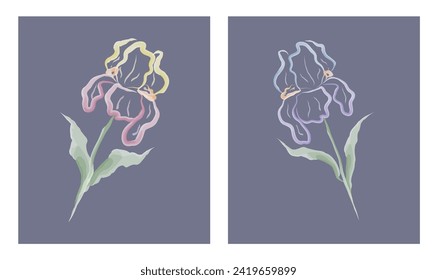 flowers irises using watercolor contour drawing doodle on a plain background, holiday greeting card