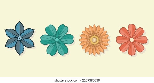 Flowers are isolated in the background. Set of flower icons with multiple colors.