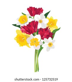 Flowers isolated. Floral summer bouquet. Wild bluebell flowers summer decor. Greeting card design with flowers tulip and narcissus