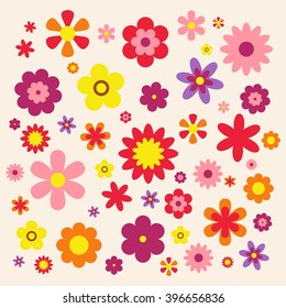 Flowers isolated on pink background. Set of colorful floral icons. Vintage Flowers flat dasing style Vector Illustration