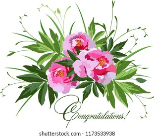 Flowers isolated on white background, vector bouquet with peonies, leaves and greenery, greeting card