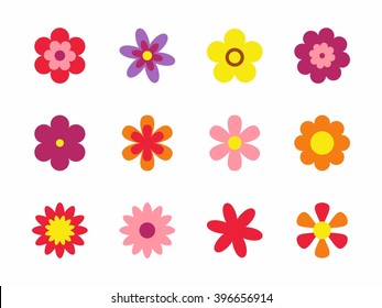 Flowers isolated on white background. Set of colorful floral icons. Flowers in flat dasing style. Vector Illustration