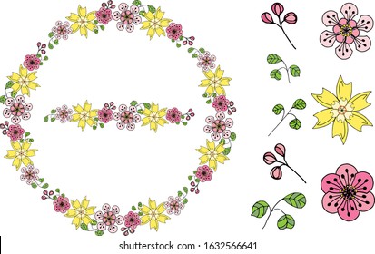 Flowers isolated on white. Decorative elements and border made of stylized yellow daffodils, cherry blossom and buds. Vector illustration.