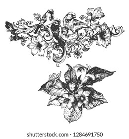 Flowers isolated vector illustration.  Baroque sketch in linear style. Tattoo design element.